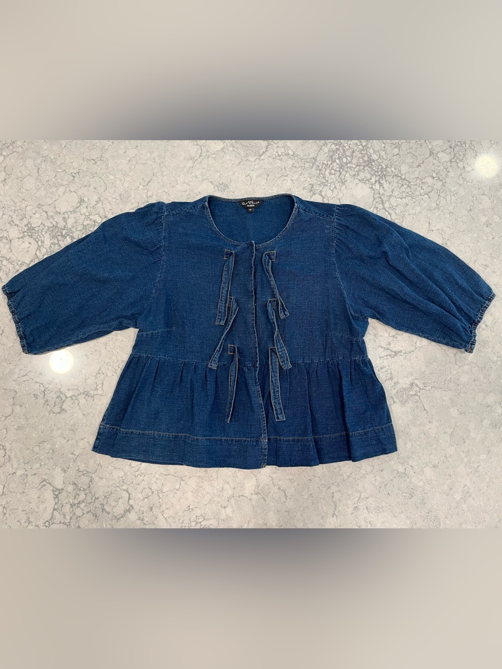 Denim Quarter-Sleeve Top with Ties